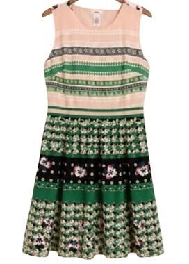 Esley Dress Womens Size L Sleveless Pink Green Floral Round Neck Pleats Zip Clos